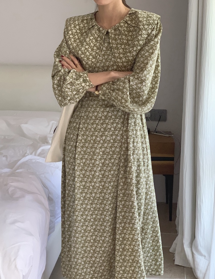 시에트 잔꽃 플라워 패턴 나염 세일러 와이드 빅카라 플레어 A라인 허리끈 롱 원피스 - 상품 이미지
