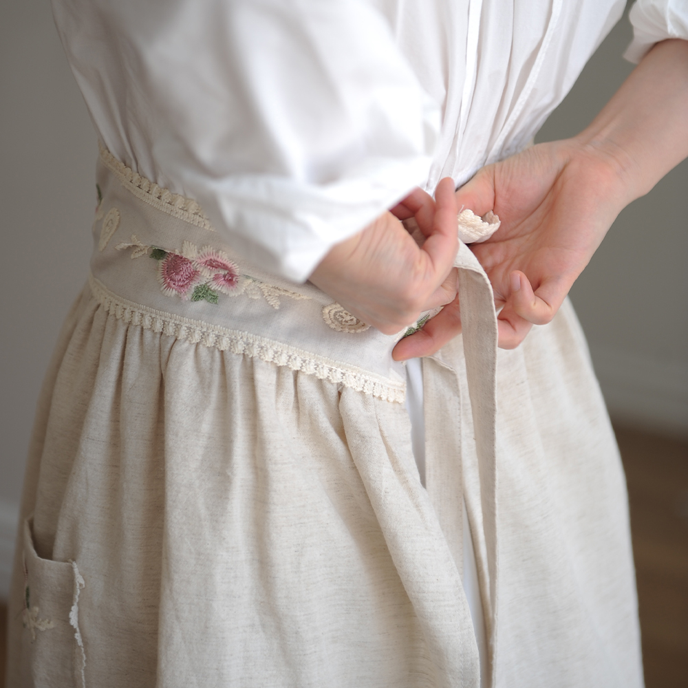 자수 하프앞치마 허리 짧은 반 프릴 앞치마