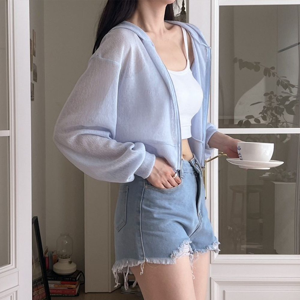 여름 긴팔 후드 시스루 크롭 집업 비치 가디건 하늘색 - 상세 이미지 4