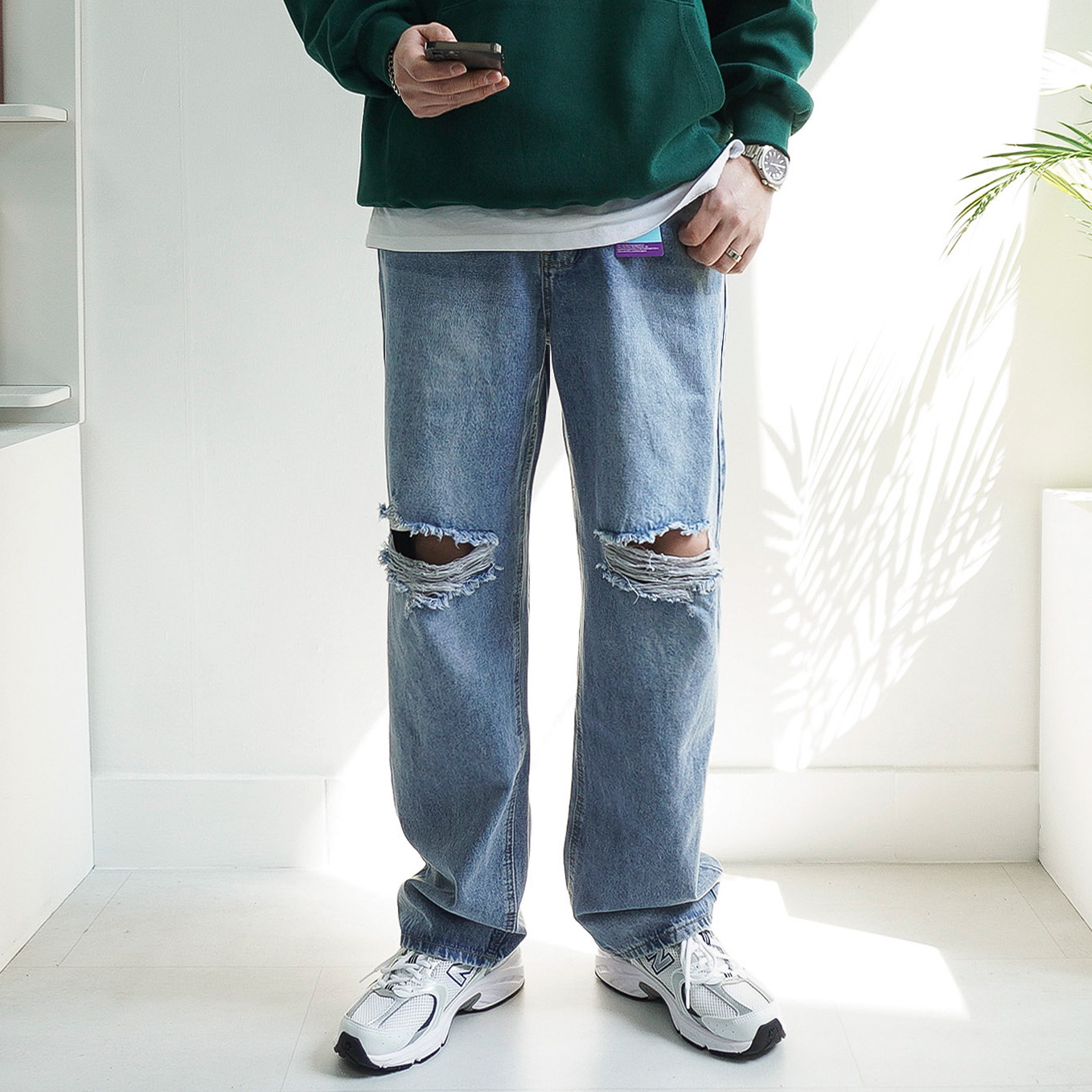 S-3XL 노수선 남자 워싱 데미지 청바지 무파진 찢청 데님 팬츠 4color - 상품 이미지