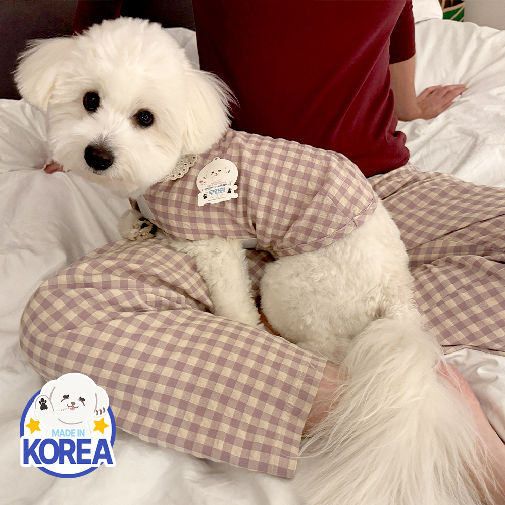 국산 강아지잠옷 강아지파자마 실내복 체크 파자마 커플옷 D체크독(퍼플) - 상세 이미지 4