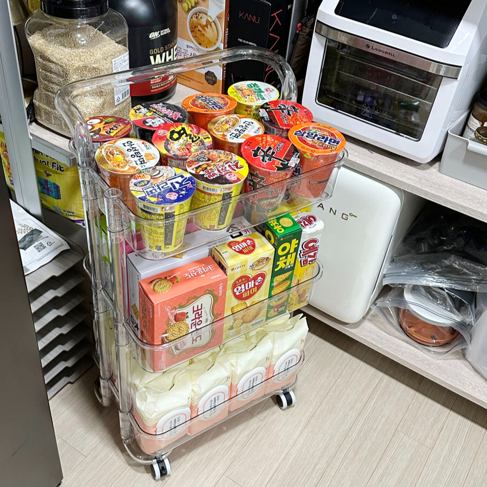 올지 트롤리 수납함 3단 주방 360도 회전 핸들 카트 모던 투명
