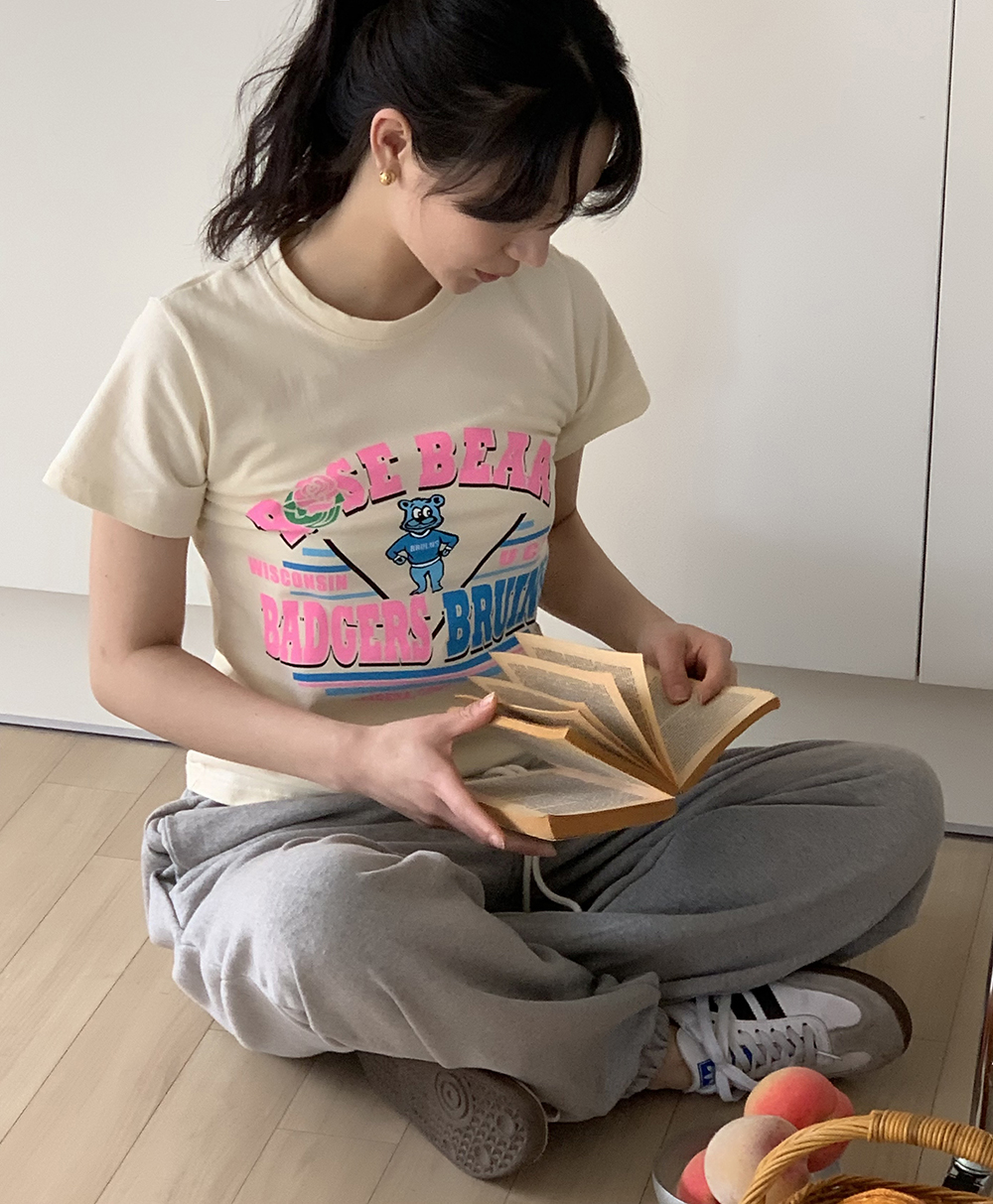 브루스 봄 레터링 곰돌이 영문 프린팅 캐릭터 포인트 나염 라운드넥 반팔 면 티셔츠 - 상세 이미지 2