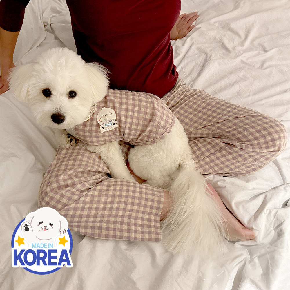 국산 강아지잠옷 강아지파자마 실내복 체크 파자마 커플옷 D체크독(퍼플) - 상세 이미지 2