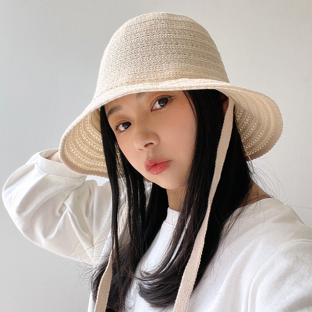 라운드 펀칭 크로쉐 여름 니트 턱끈 벙거지 플로피햇 버킷햇 모자 - 상세 이미지 4