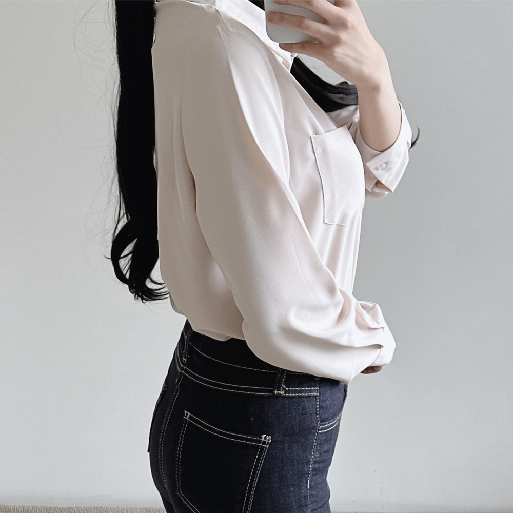 여성 블라우스 링클프리 카라 셔츠 포켓 기본 무지 빅사이즈 - 상세 이미지 5