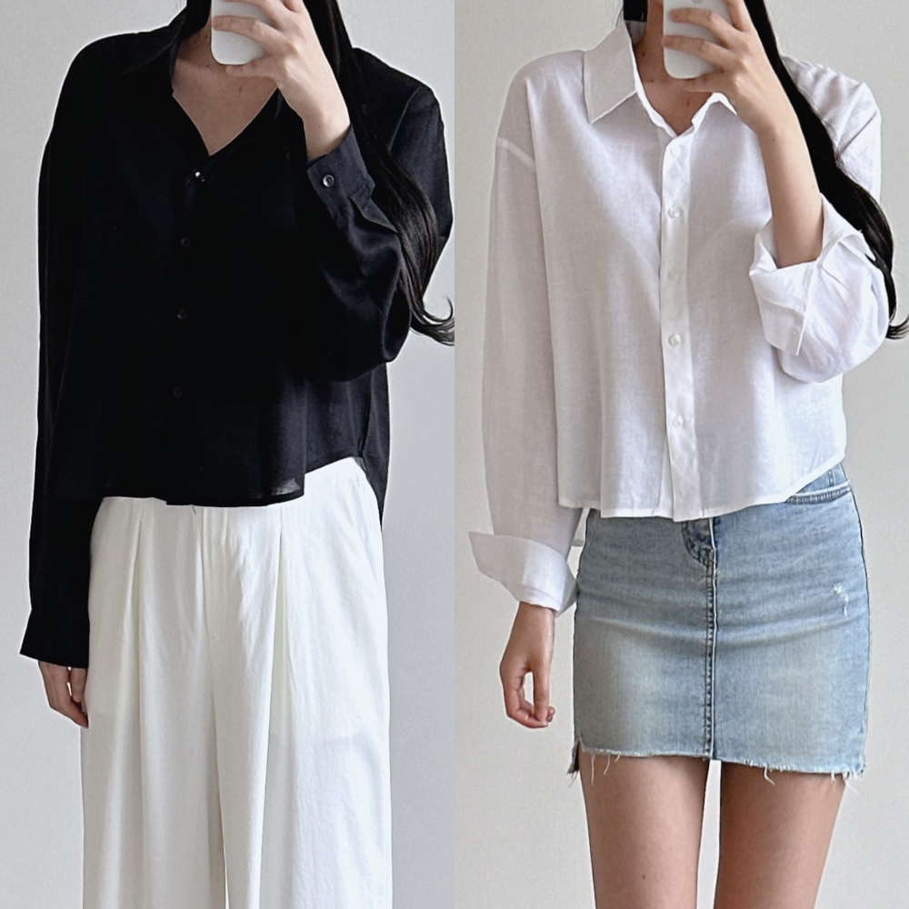 여성 블라우스 린넨 크롭 카라 셔츠 여름 가을 무지 데일리 빅사이즈 블랙 화이트 남방