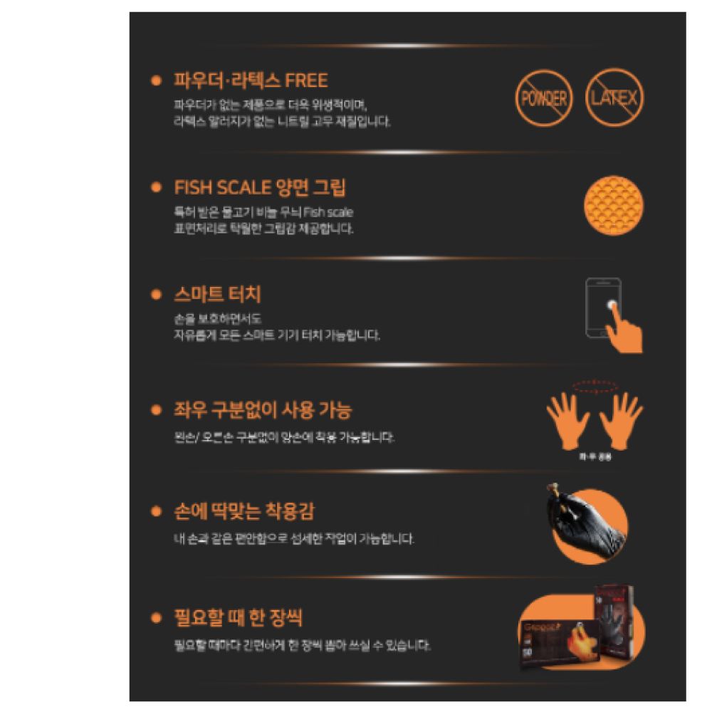 크린스킨 그립파즈 246 니트릴 장갑 50매 자동차정비 공업용 식품용 스마트폰터치 블랙 오렌지 : 워킹맨툴