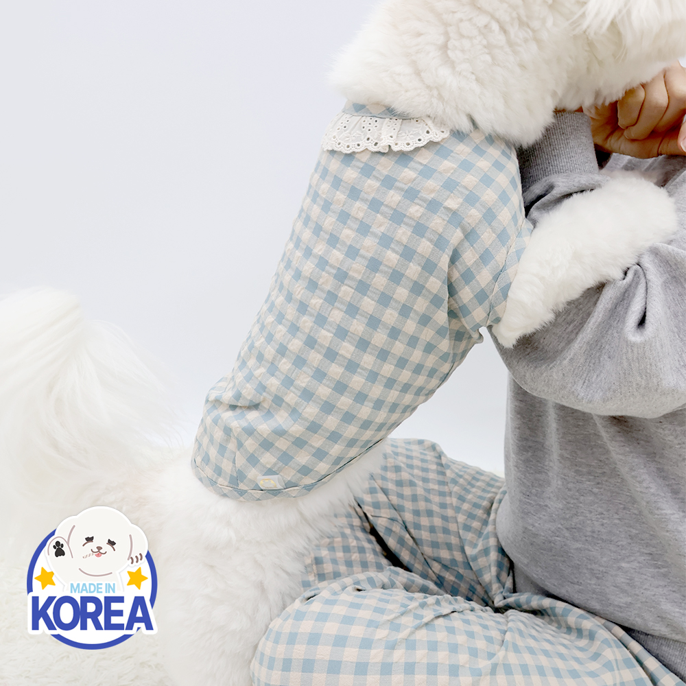 국산 강아지파자마 실내복 내복 강아지잠옷 체크 파자마 커플옷 D체크독(스카이블루) - 상세 이미지 4
