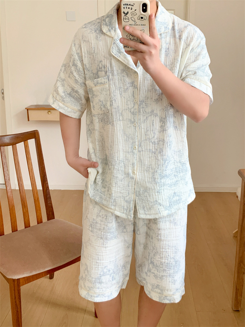 (커플잠옷) (케이브반팔원피스잠옷) 신혼 연인 남성 여성 반바지잠옷 봄 여름 파자마 상세 이미지 19