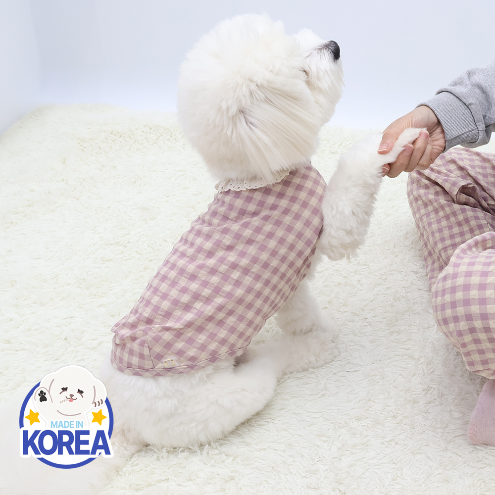 국산 강아지잠옷 강아지파자마 실내복 체크 파자마 커플옷 D체크독(퍼플) - 상세 이미지 3