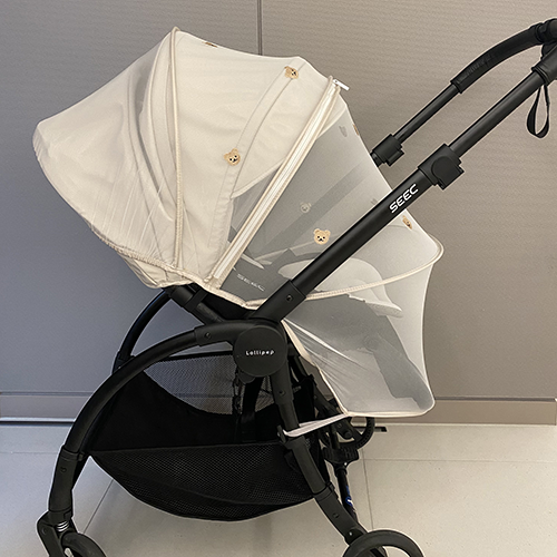 유모차모기장 곰돌이 레이스 꿀잠커튼 세트 유모차커버 햇빛 가리개 덮개 자수 지퍼 - 상세 이미지 3