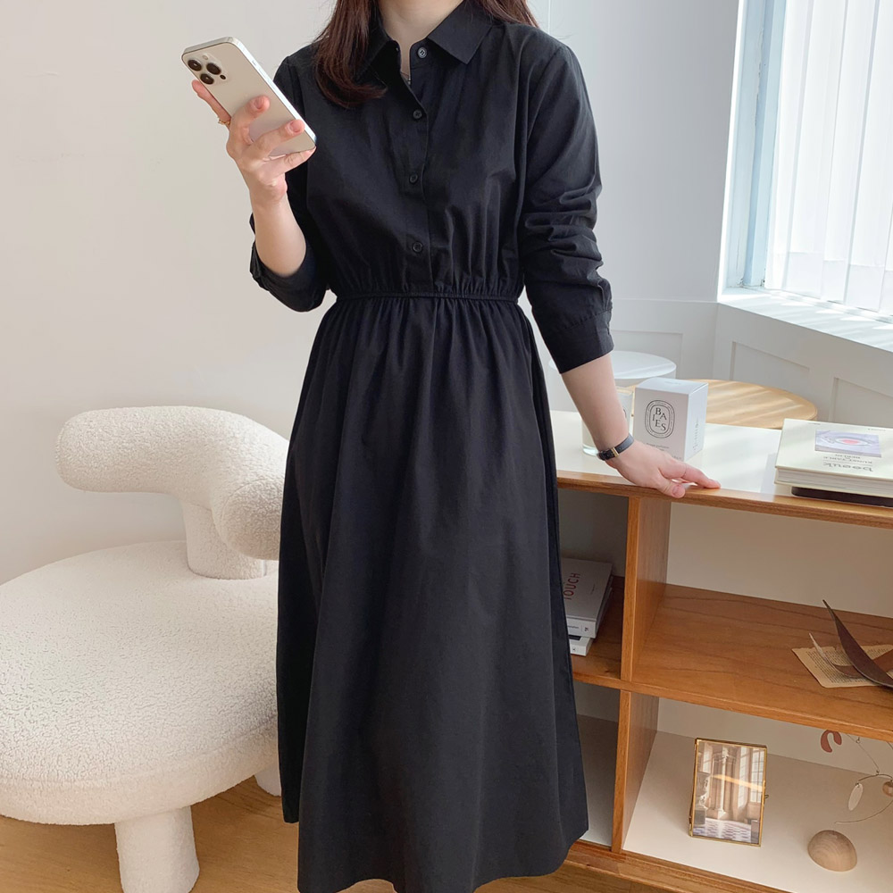허리 스트링 카라 롱 셔츠 원피스 하객룩 원피스 이너 블랙 베이지 아이보리 가을