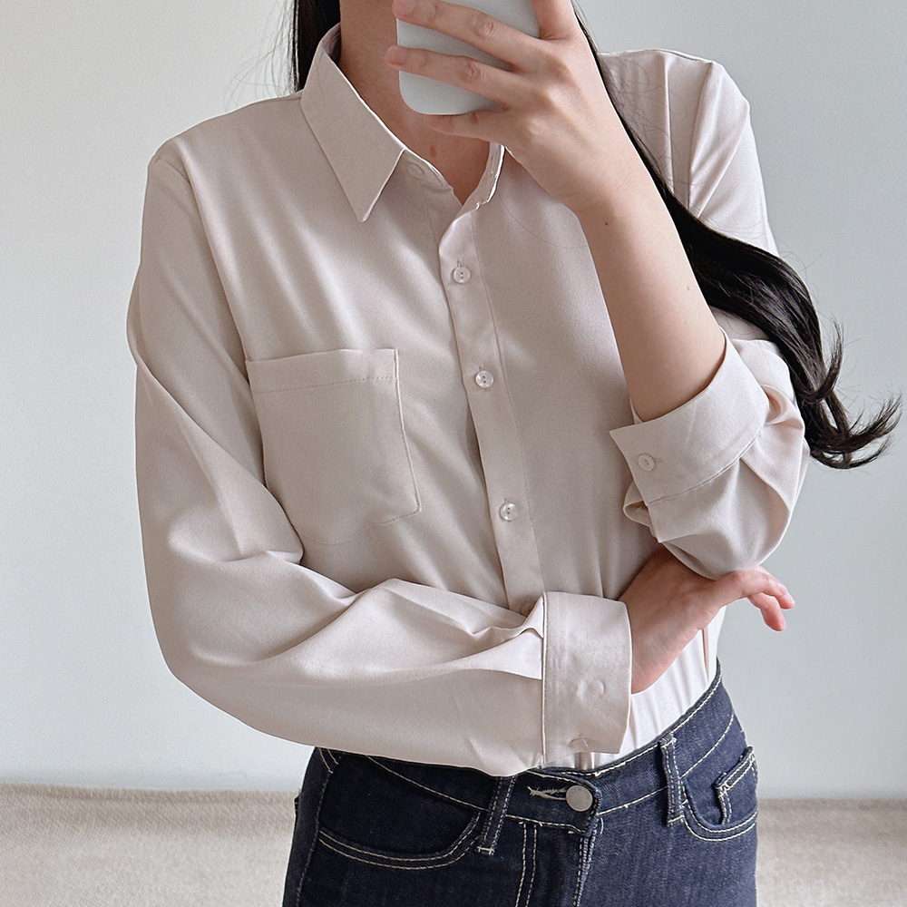 여성 블라우스 링클프리 카라 셔츠 포켓 기본 무지 빅사이즈 - 상세 이미지 4