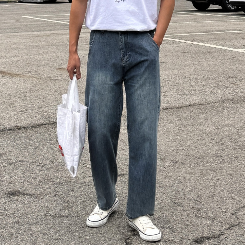 남자 노에 여름 아이스 쿨링 반밴딩 세미와이드 데님