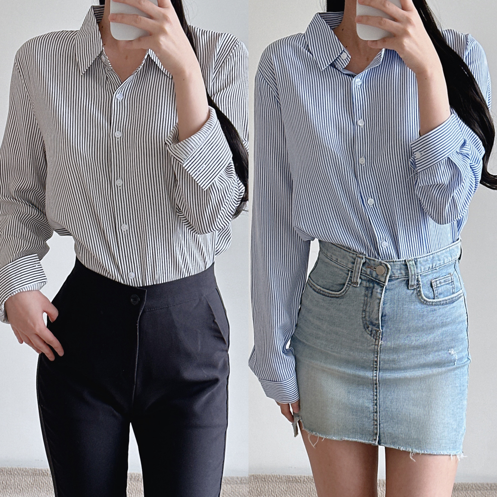 여성 블라우스 카라 셔츠 스트라이프 레이온 긴팔 빅사이즈 남방