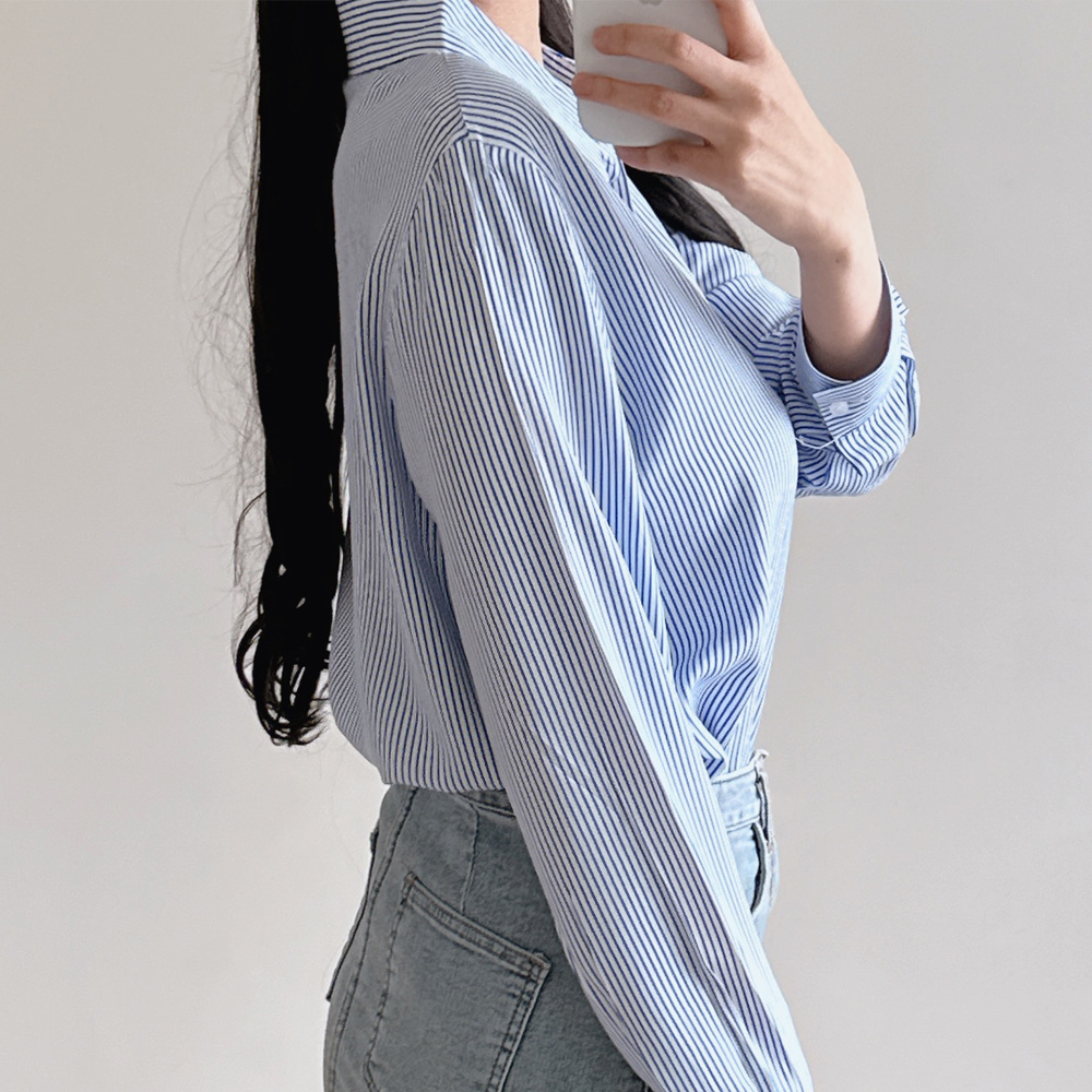 여성 블라우스 카라 셔츠 스트라이프 레이온 긴팔 빅사이즈 남방 이미지 6