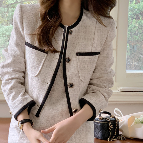 (하객룩) 헤이미 셋업 배색라인 트위드 크롭 자켓 jk2831