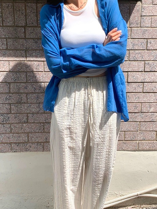 쁘렌디 스트라이프 와이드 밴딩 팬츠 시어서커 키작녀 바지 (숏/롱) - 상세 이미지 4