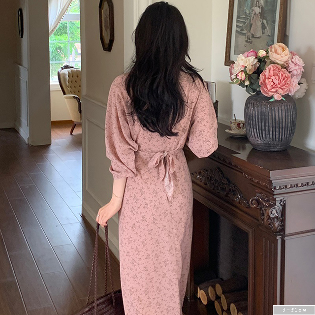 스핀 핑크 플라워 브이넥 쉬폰 맥시 롱원피스 1col 봄 가을 허리슬림 끈 랩 제이플로우 - 상세 이미지 4
