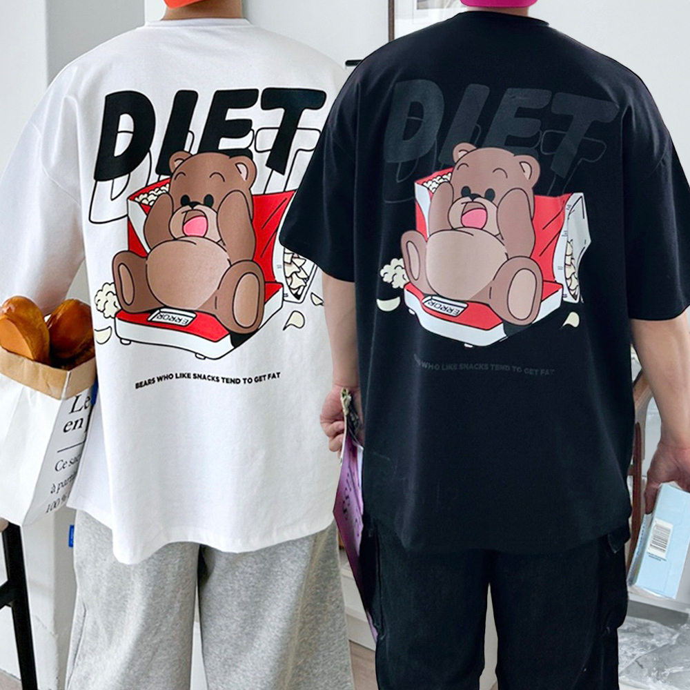 곰돌이티셔츠 커플반팔티 흰티 어깨넓어보이는옷 - 상품 이미지