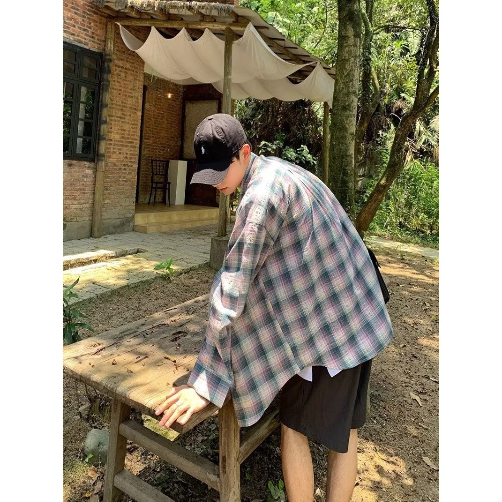 빈티지 체크 남방 코튼 핑크 셔츠 코디 힙한 패션 남녀공용 커플 - 상세 이미지 3