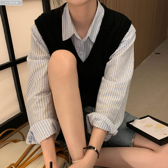 에브 스트라이프 오버핏 카라 하프 셔츠 3col 가을 봄 코튼 루즈핏 롱 제이플로우 - 상세 이미지 4
