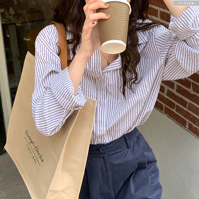 에브 스트라이프 오버핏 카라 하프 셔츠 3col 가을 봄 코튼 루즈핏 롱 제이플로우