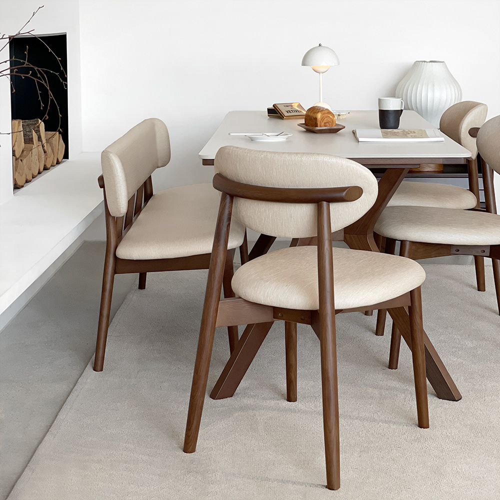 로포텐 고흐 4인용 원목 포세린 세라믹 식탁세트 식탁+의자2+벤치1, 1400mm, 브라운