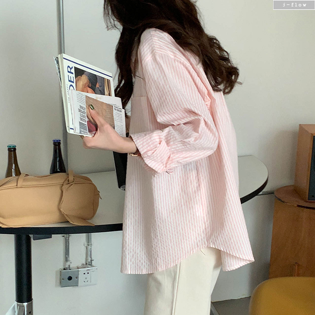 에브 스트라이프 오버핏 카라 하프 셔츠 3col 봄 가을 코튼 루즈핏 롱 제이플로우 이미지 3
