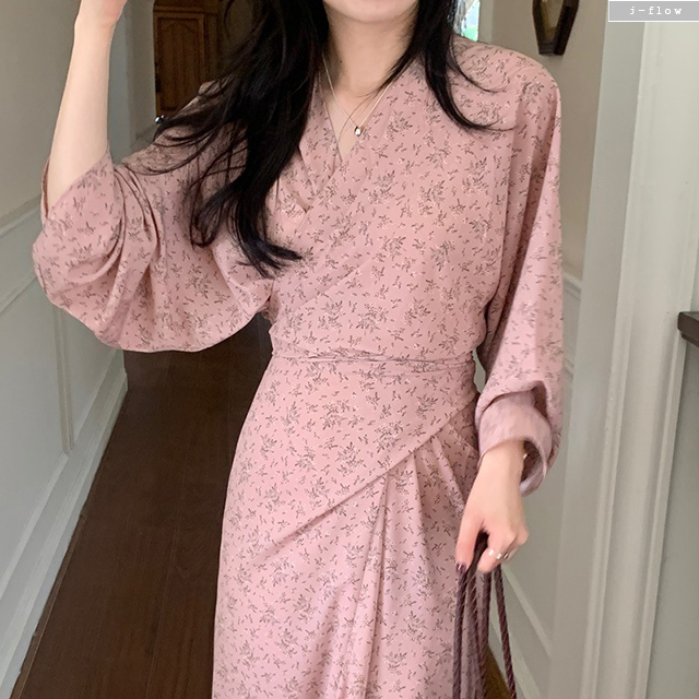 스핀 핑크 플라워 브이넥 쉬폰 맥시 롱원피스 1col 봄 가을 허리슬림 끈 랩 제이플로우 이미지 7