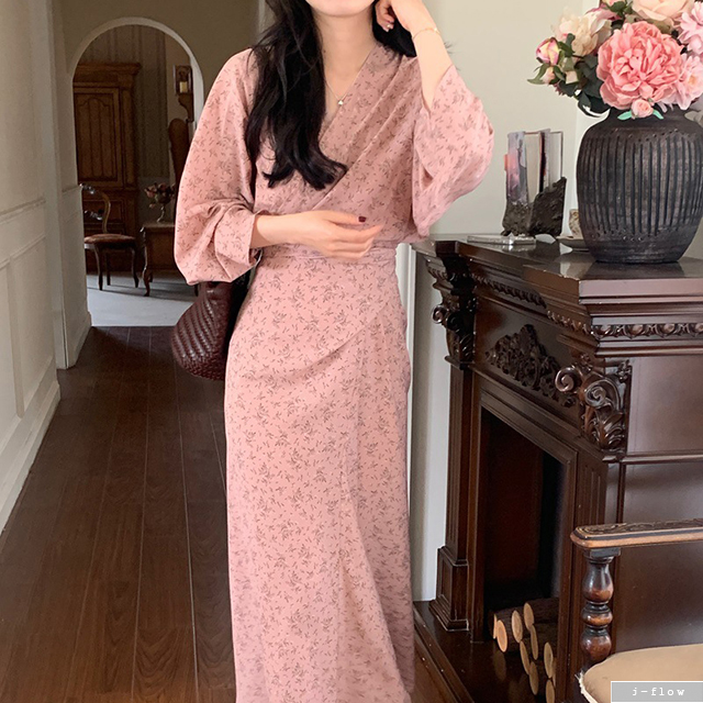 스핀 핑크 플라워 브이넥 쉬폰 맥시 롱원피스 1col 봄 가을 허리슬림 끈 랩 제이플로우 이미지 6