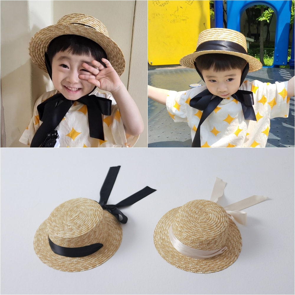 아기 빅리본 밀짚 모자 촬영 모자 햇빛 챙 모자 - 메인 이미지