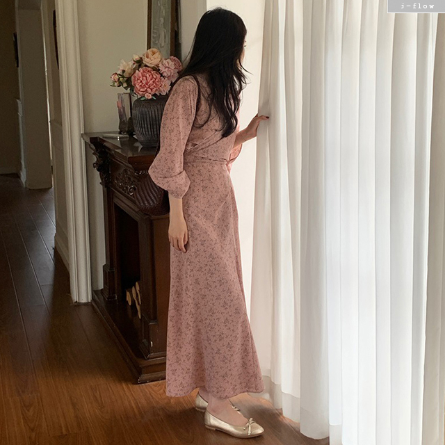 스핀 핑크 플라워 브이넥 쉬폰 맥시 롱원피스 1col 봄 가을 허리슬림 끈 랩 제이플로우 - 상세 이미지 5