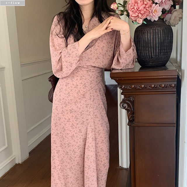 스핀 핑크 플라워 브이넥 쉬폰 맥시 롱원피스 1col 봄 가을 허리슬림 끈 랩 제이플로우 이미지 8
