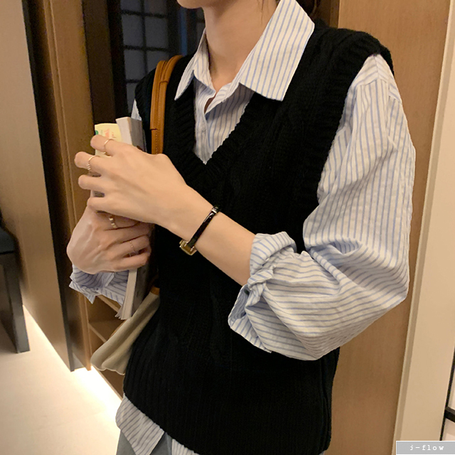 에브 스트라이프 오버핏 카라 하프 셔츠 3col 봄 가을 코튼 루즈핏 롱 제이플로우 이미지 4