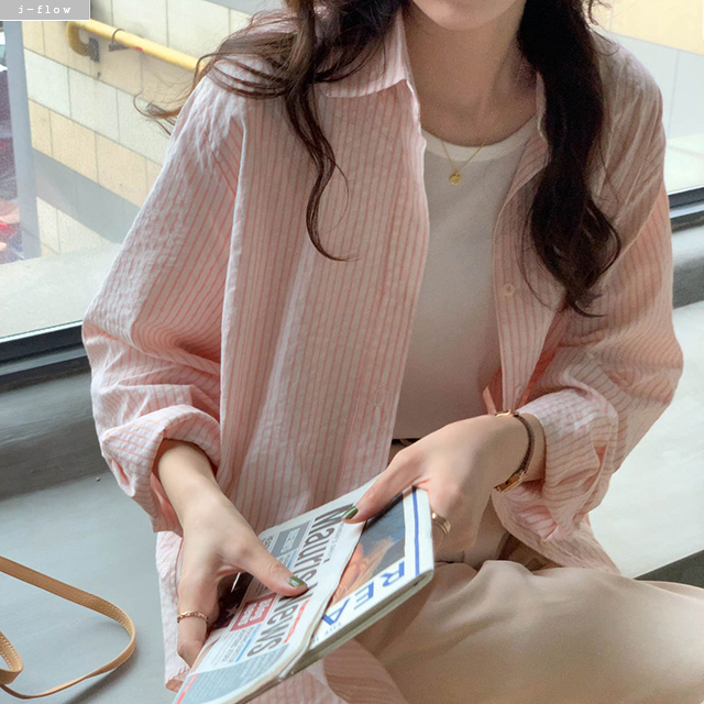 에브 스트라이프 오버핏 카라 하프 셔츠 3col 봄 가을 코튼 루즈핏 롱 제이플로우 이미지 2