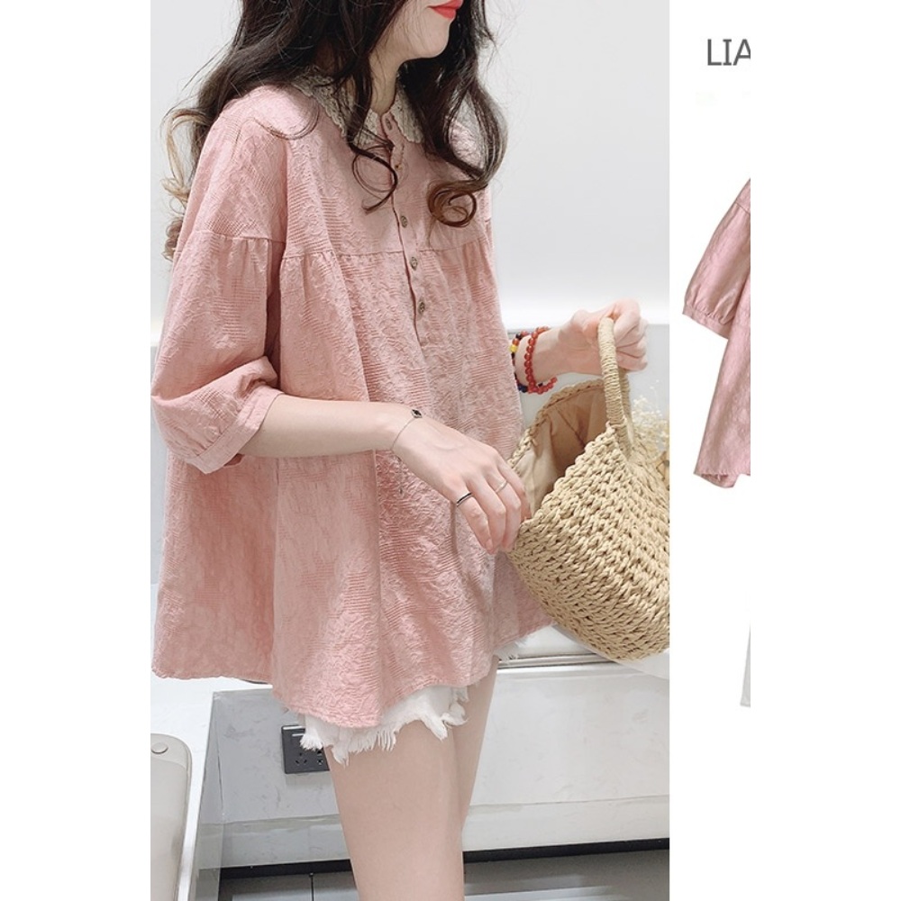 빅사이즈 여성 린넨 반팔 자카드 블라우스 레이스카라 3xl 오버핏 여름 이미지 6