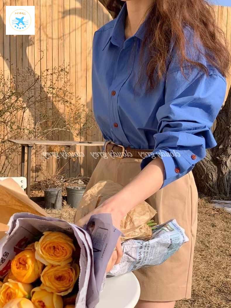 코발트 오버핏 파란색 블루 슬로우비 남방 가을 여성 셔츠 - 상품 이미지