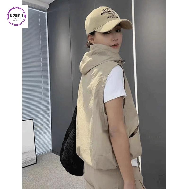 집업 빅사이즈 여성여름조끼 후드 자켓 바람막이 민소매 - 상세 이미지 5
