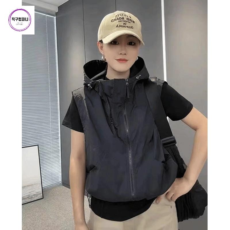 집업 빅사이즈 여성여름조끼 후드 자켓 바람막이 민소매 - 상세 이미지 3