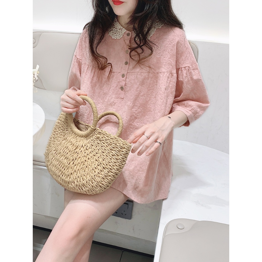 빅사이즈 여성 린넨 반팔 자카드 블라우스 레이스카라 3xl 오버핏 여름 - 상세 이미지 5