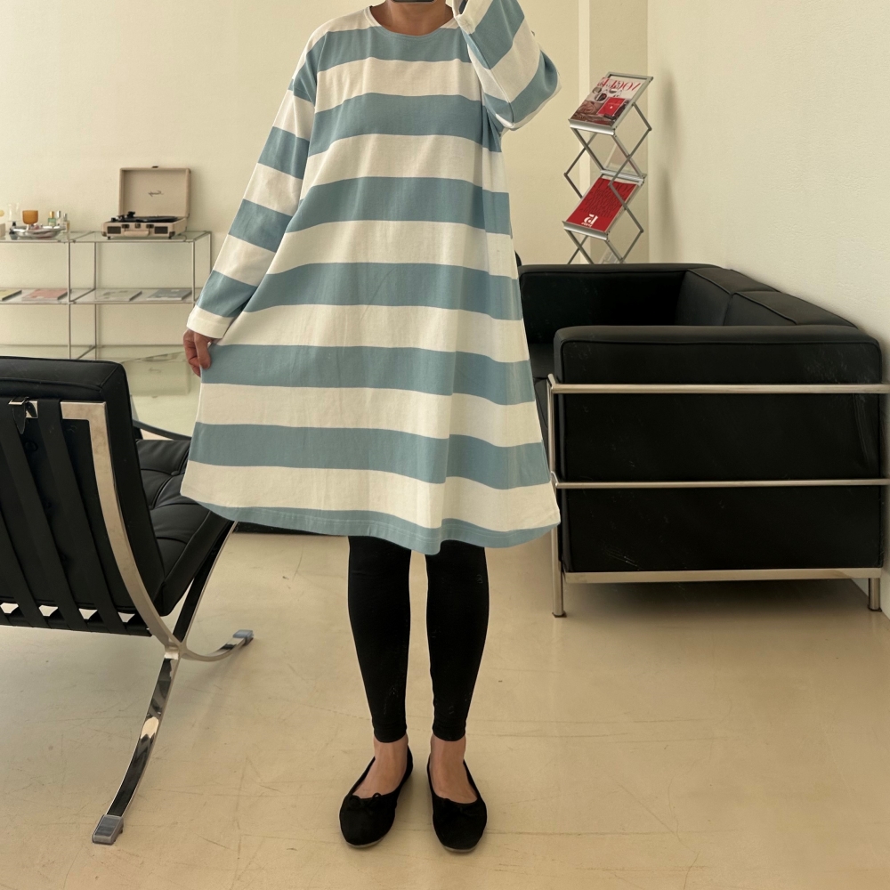 빅사이즈 자체제작 스트라이프 긴팔 A라인 미니 원피스 스카이&화이트 단가라 롱 박시 티셔츠