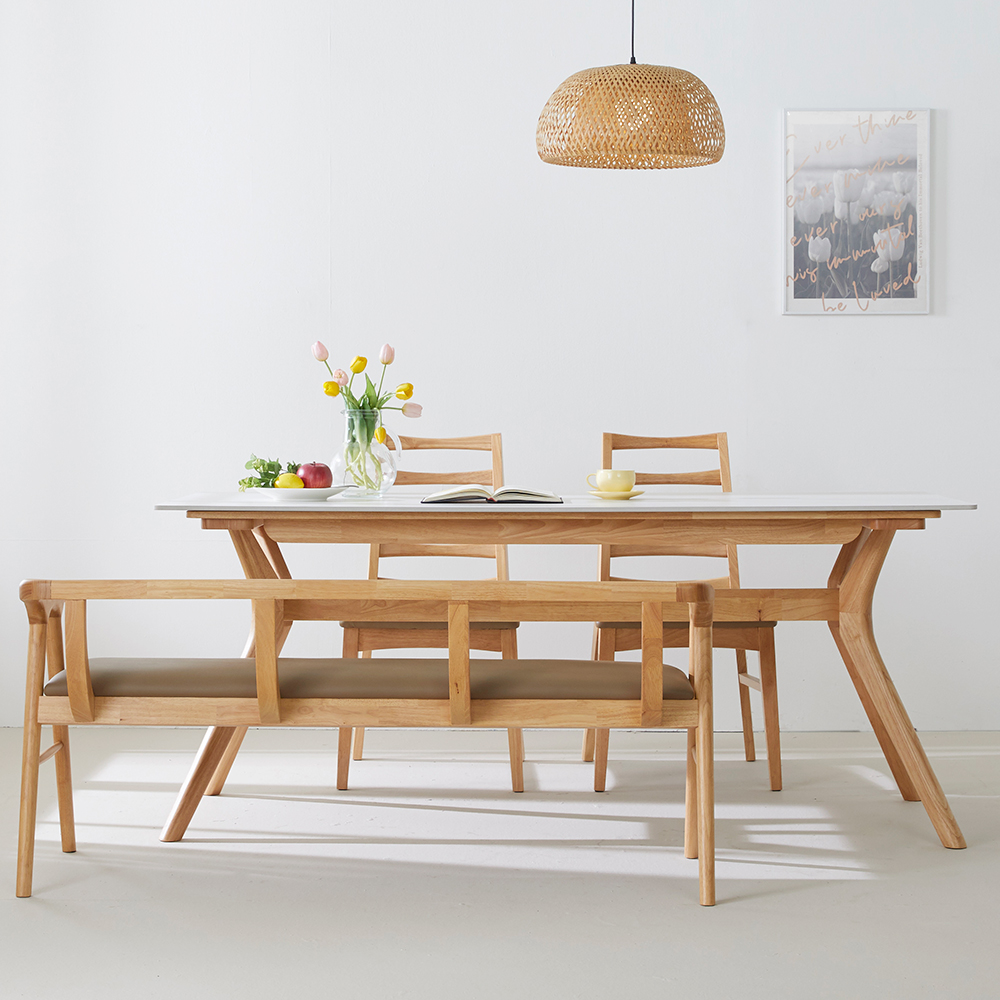 로얄 포세린 단면 세라믹 고무나무 원목 4인용 식탁세트 2인벤치1개+의자2