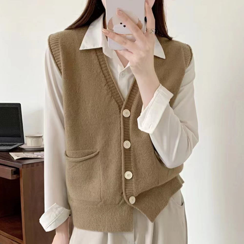 여자봄조끼 단추 캐주얼 니트 간절기 조끼 데일리 패션 학생 직장인