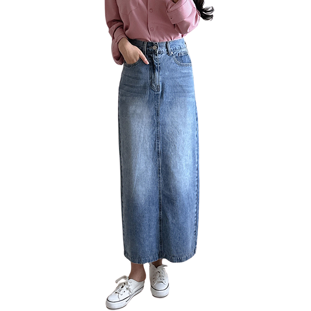 여성 데님 롱 스커트 봄 여름 2단기장 하이웨스트 청치마 뒷트임 키작녀 빅사이즈 - 상세 이미지 4
