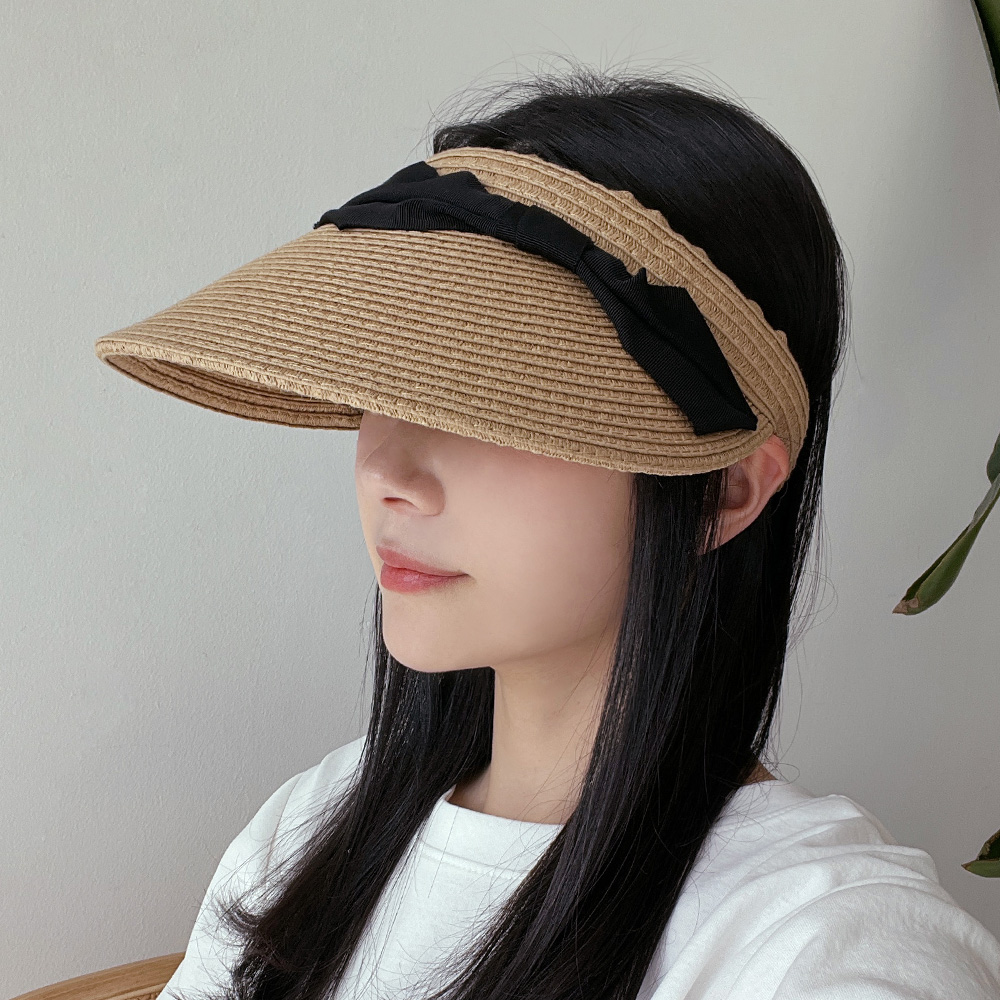 여성 밀짚 리본 썬캡 자외선 차단 라피아 넓은챙 - 상세 이미지 5
