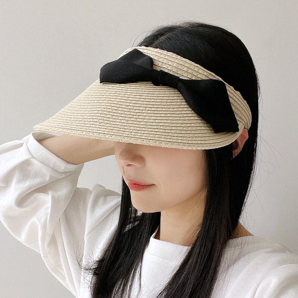 여성 밀짚 리본 썬캡 자외선 차단 라피아 넓은챙 - 상품 이미지