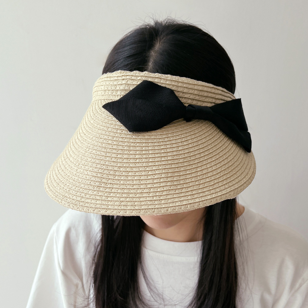 여성 밀짚 리본 썬캡 자외선 차단 라피아 넓은챙 - 상세 이미지 4