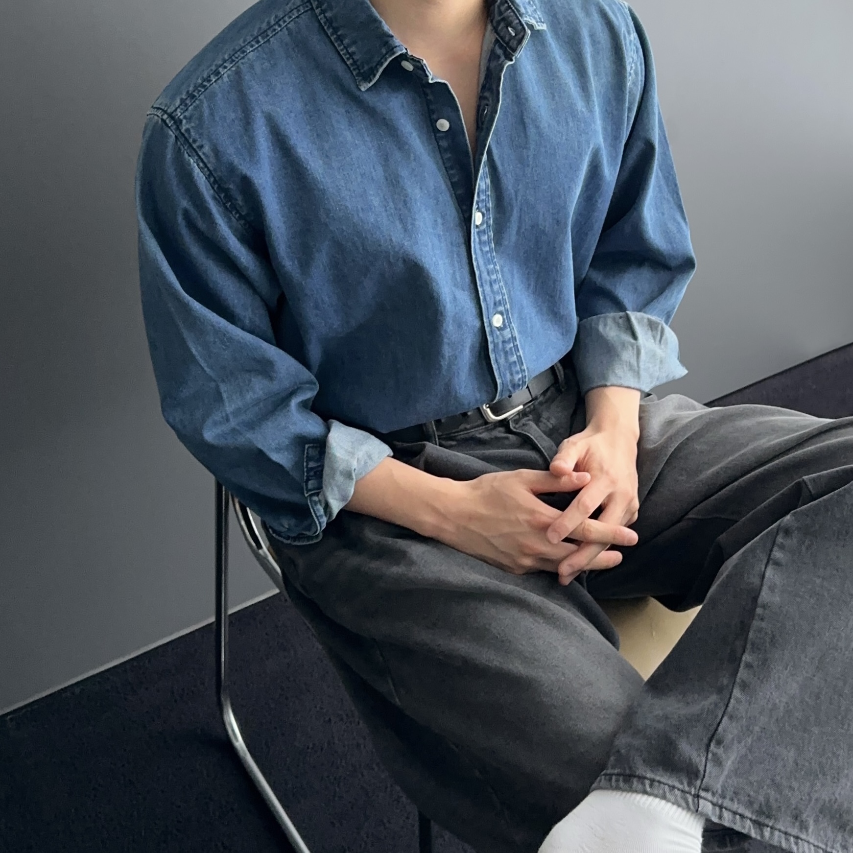 남자청남방 남자오버핏청남방 남성중청셔츠 - 상세 이미지 2